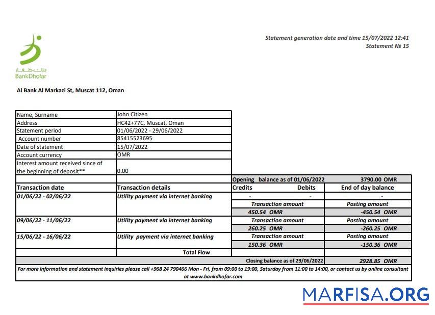 Downloadable Oman Bank Dhofar bank statement excel real example